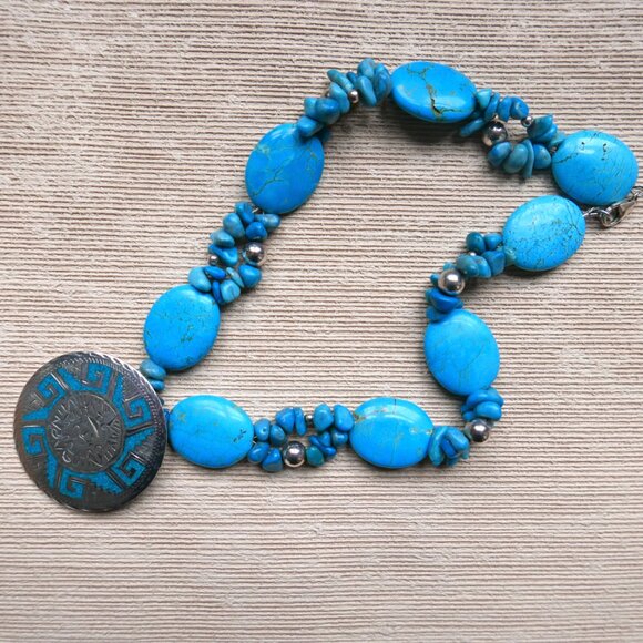 Inlaid Aztec Calendar Pendant and Turquoise Necklace - Picture 7 of 10